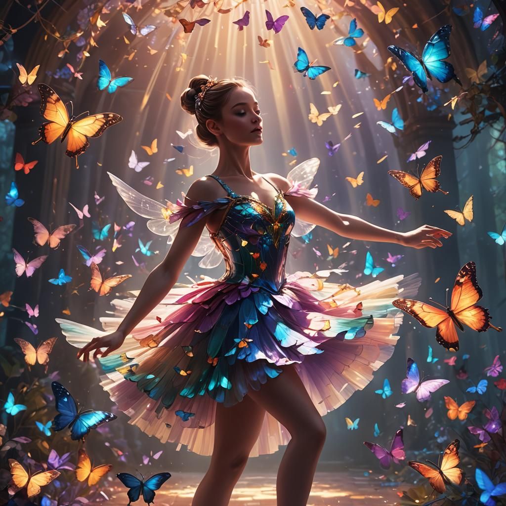 Ballerina Dancing with Butterflies in Fantasy Realism