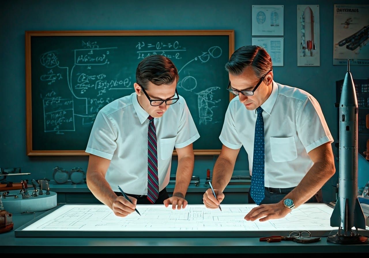 Vintage Space Engineers Poring Over Rocket Plans