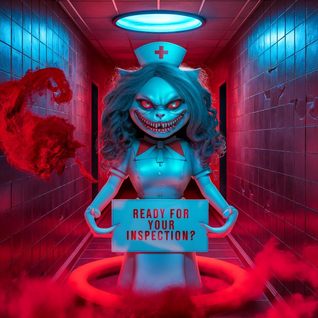 Sinister Nurse with Cheshire Grin in Neon Hospital