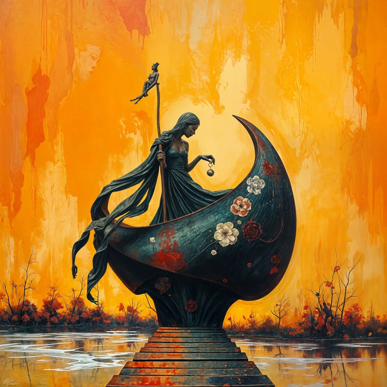 Surreal Bronze Statue Emerges from Dreamlike Landscape