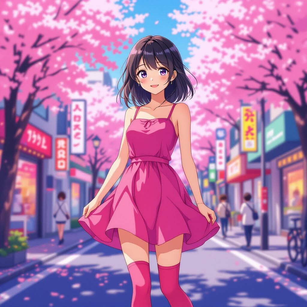 Anime Girl in Tokyo Street with Cherry Blossoms