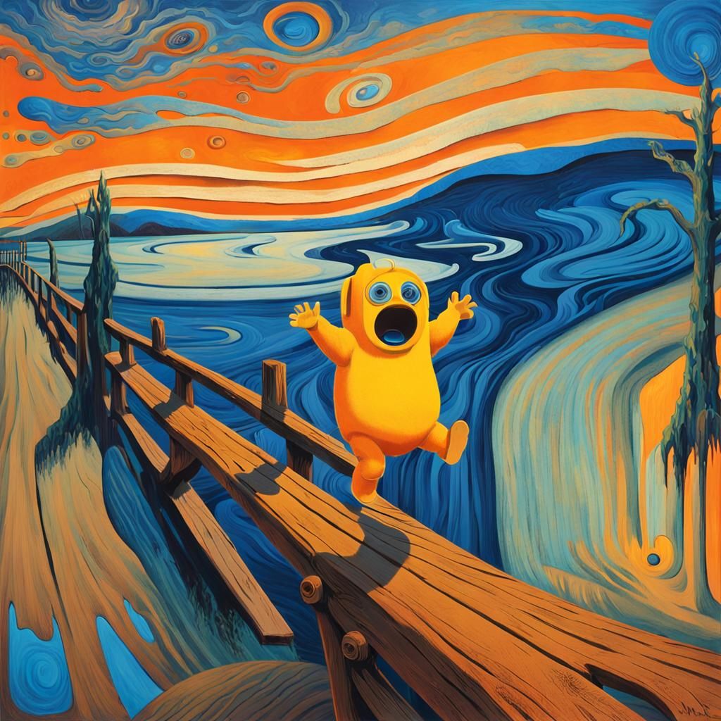 An intensely emotive anthropomorphic screaming Teletubby wearing a diaper, reminiscent of Edvard Munch's iconic The Scre...