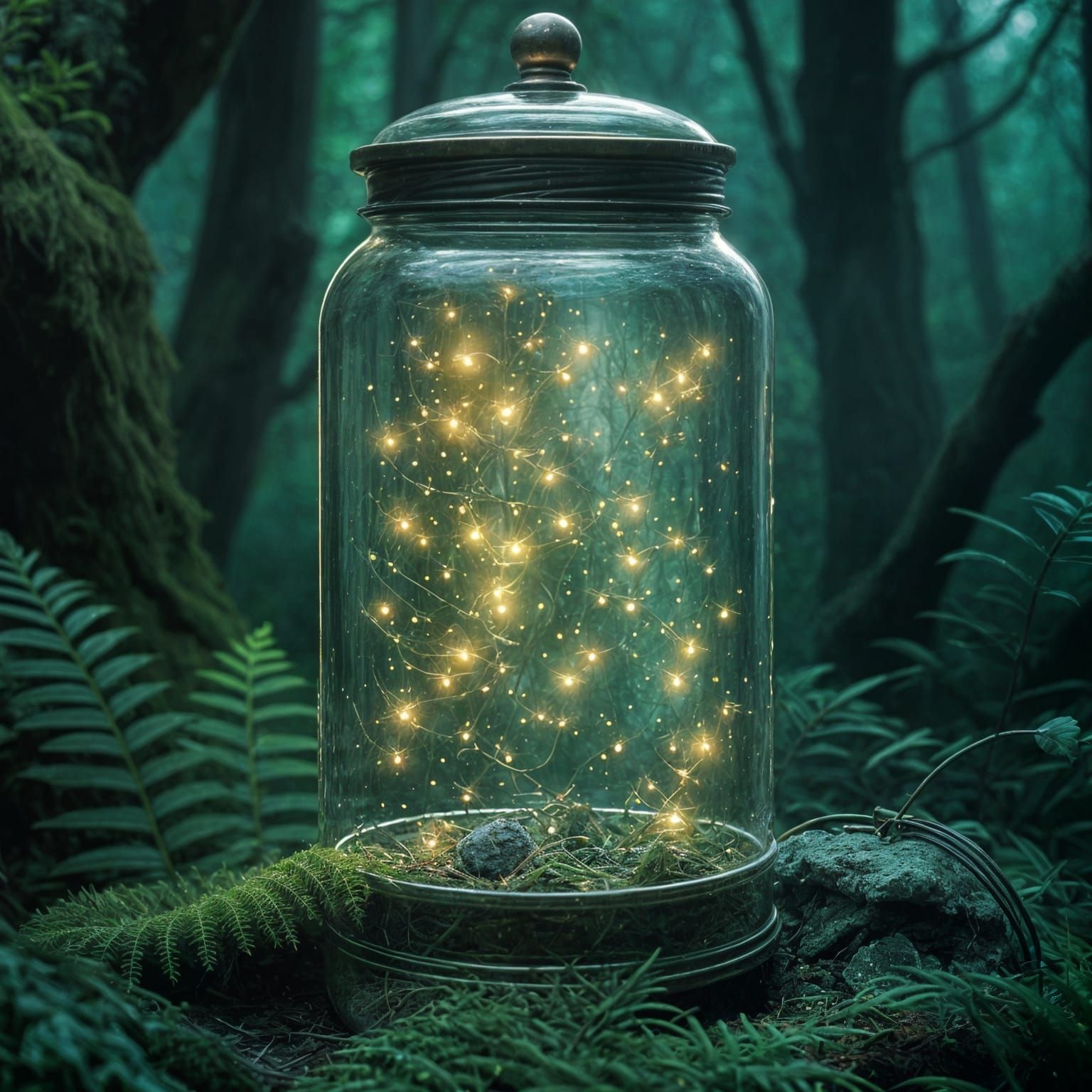 Whimsical Scene of Fireflies in a Dense Forest