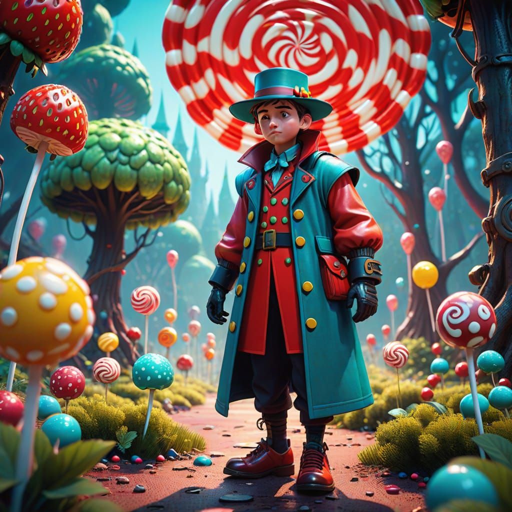 Whimsical Strawberry Candyman in a Fantastical Candy Forest
