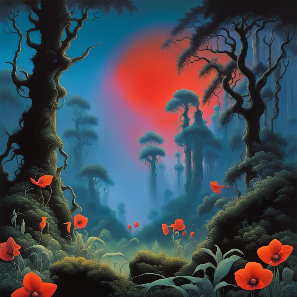 Moonlit Forest with Orchids in Roger Dean Style