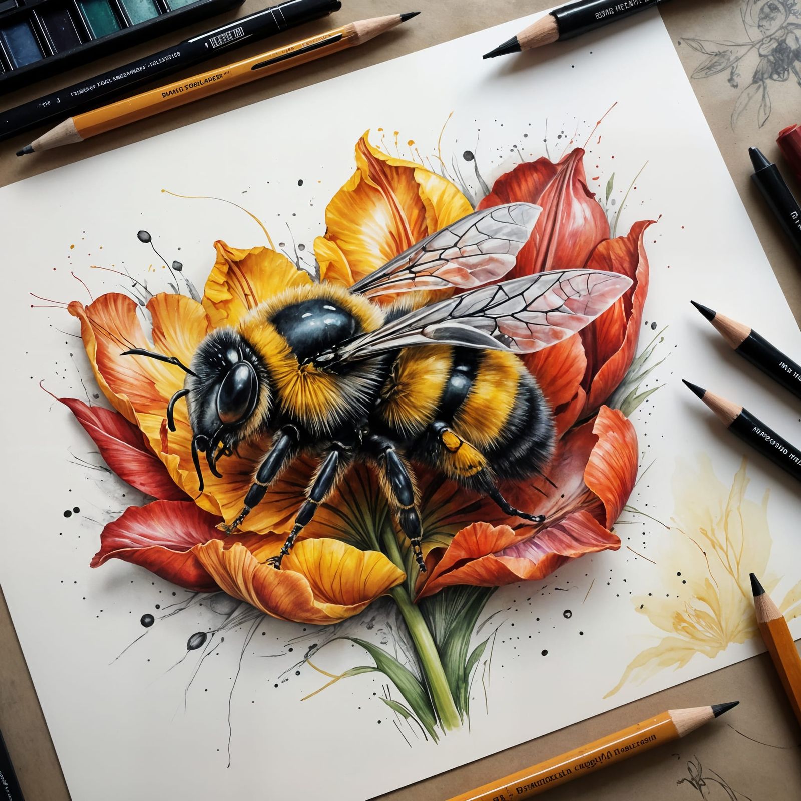 Cartoon Bumblebee Sleeping on Tulip: Mixed Media Art