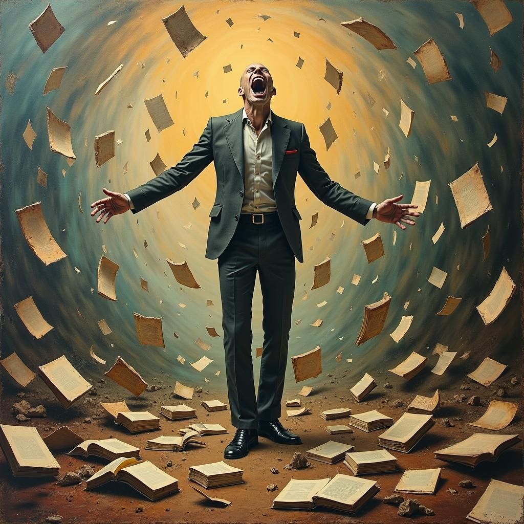 Expressionist Figure in Vortex of Books and Papers