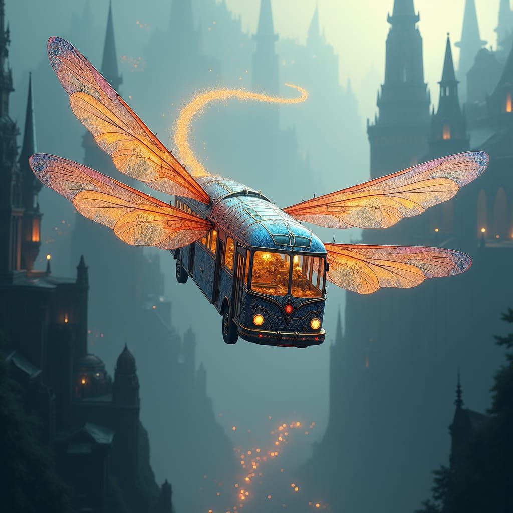 Dreamlike Dragonfly Bus Soaring Through Misty Cityscape