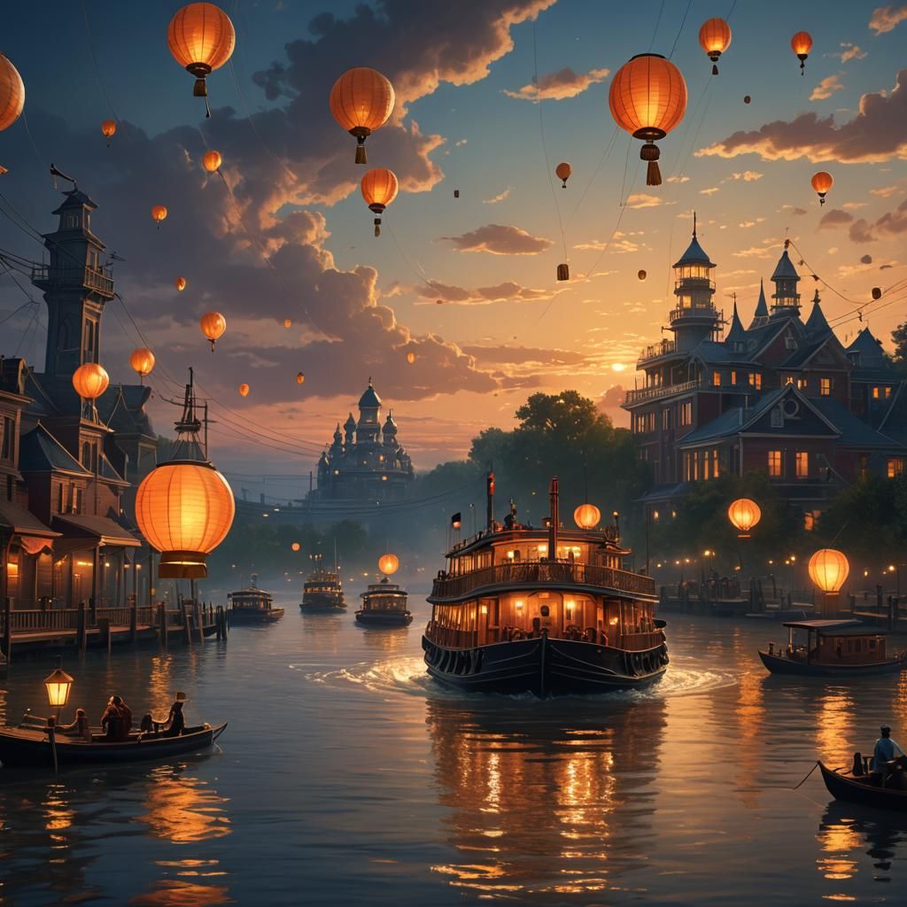 Mississippi River Steamboat at Sunset: Fantasy Matte Paintin...