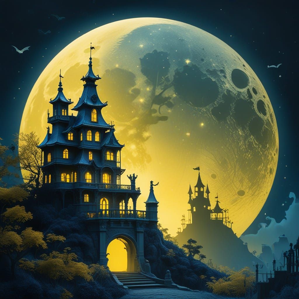 Mansion moon, Fantasycore, Stallin Silhouette, Anne Stokes, Zentangle, whimsical, octane render, soft natura...