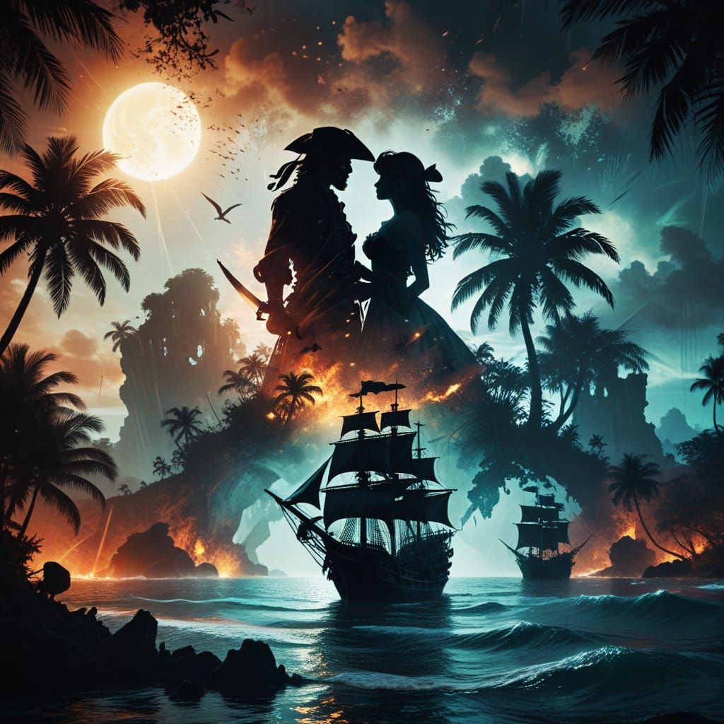 Pirate Lovers in Tropical Seascape, Grunge Dark Fantasy Styl...