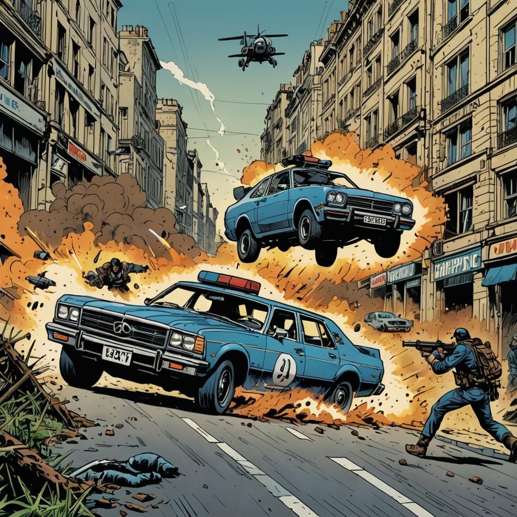 1980s France Car Chase in Comic Book Style