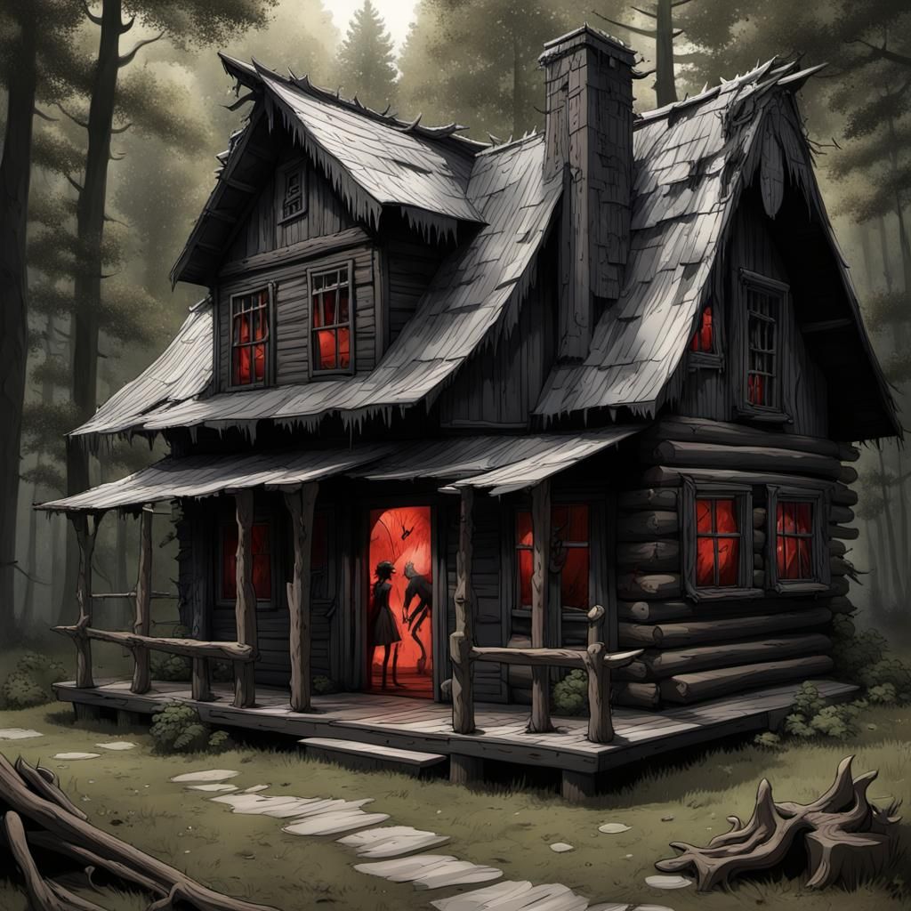 Sinister Anime Log Cabin with Mythical Creatures