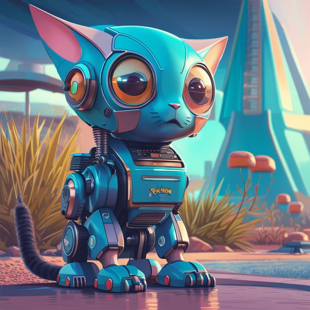 Retrofuturistic Robotcat Portrait in Galatic Sci-Fi Style
