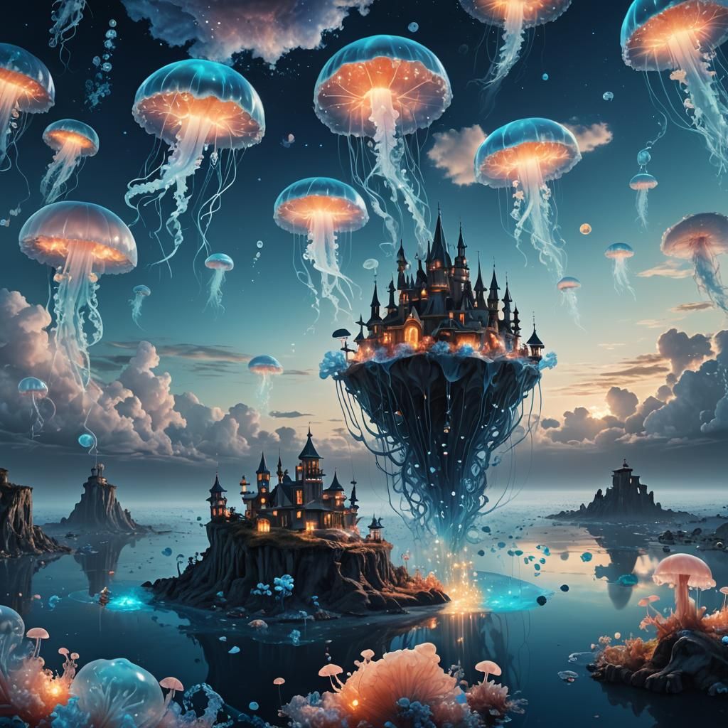 Twilight Floating Island with Crystalline Bridges