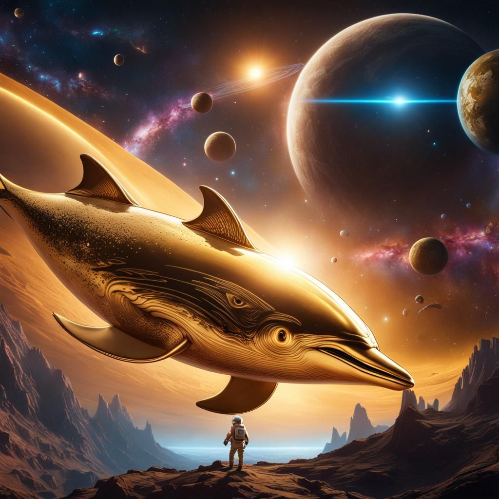 Golden Dolphin in Space with Astronaut Rider