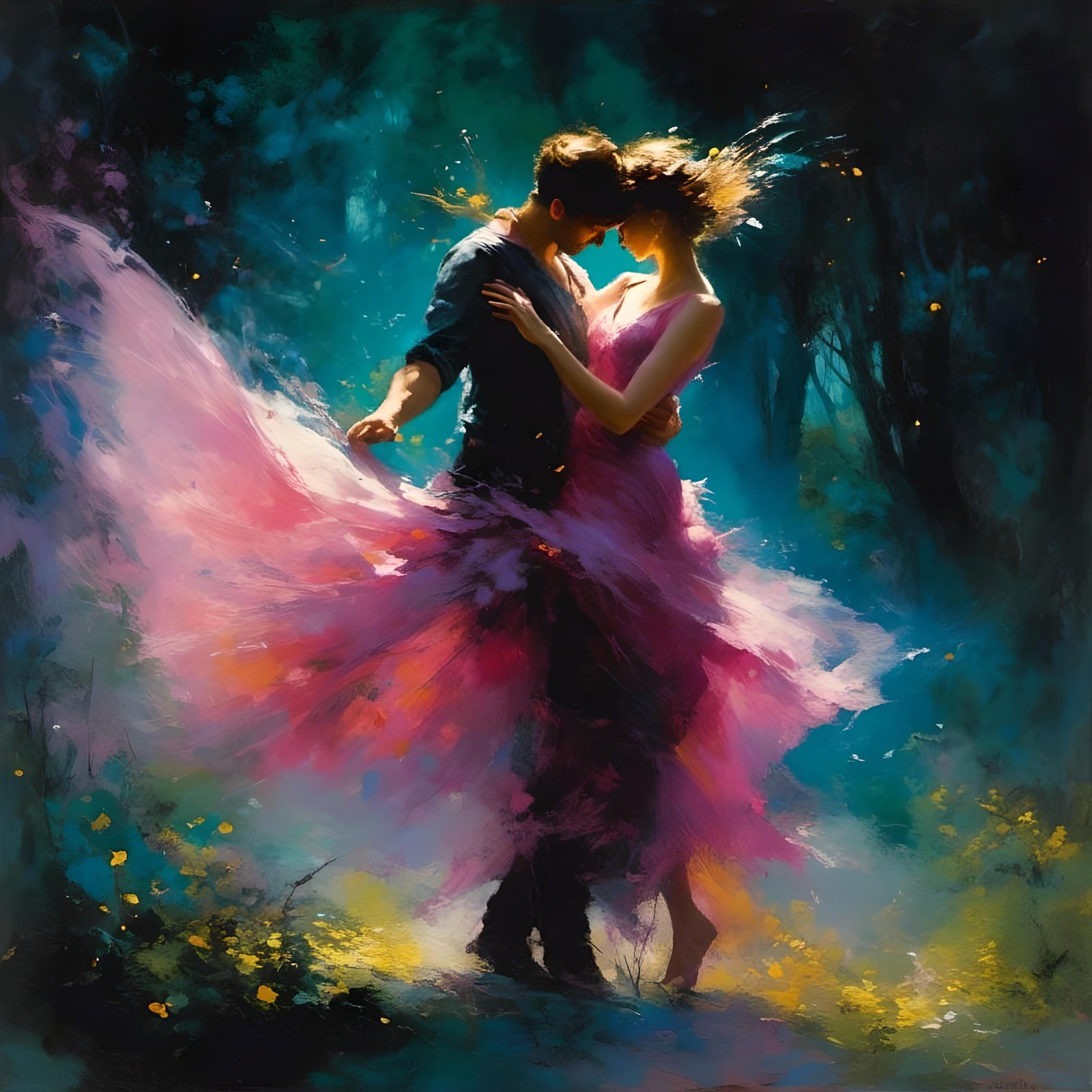 Coloful Fantasy fairy couple dancing, fantasy forest backgro...