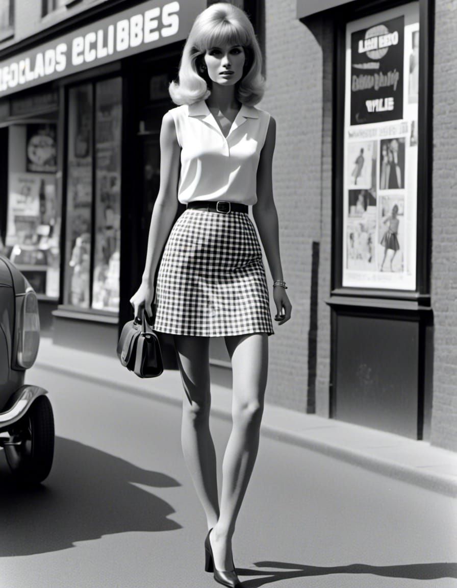 black and white photo of a woman in a skirt