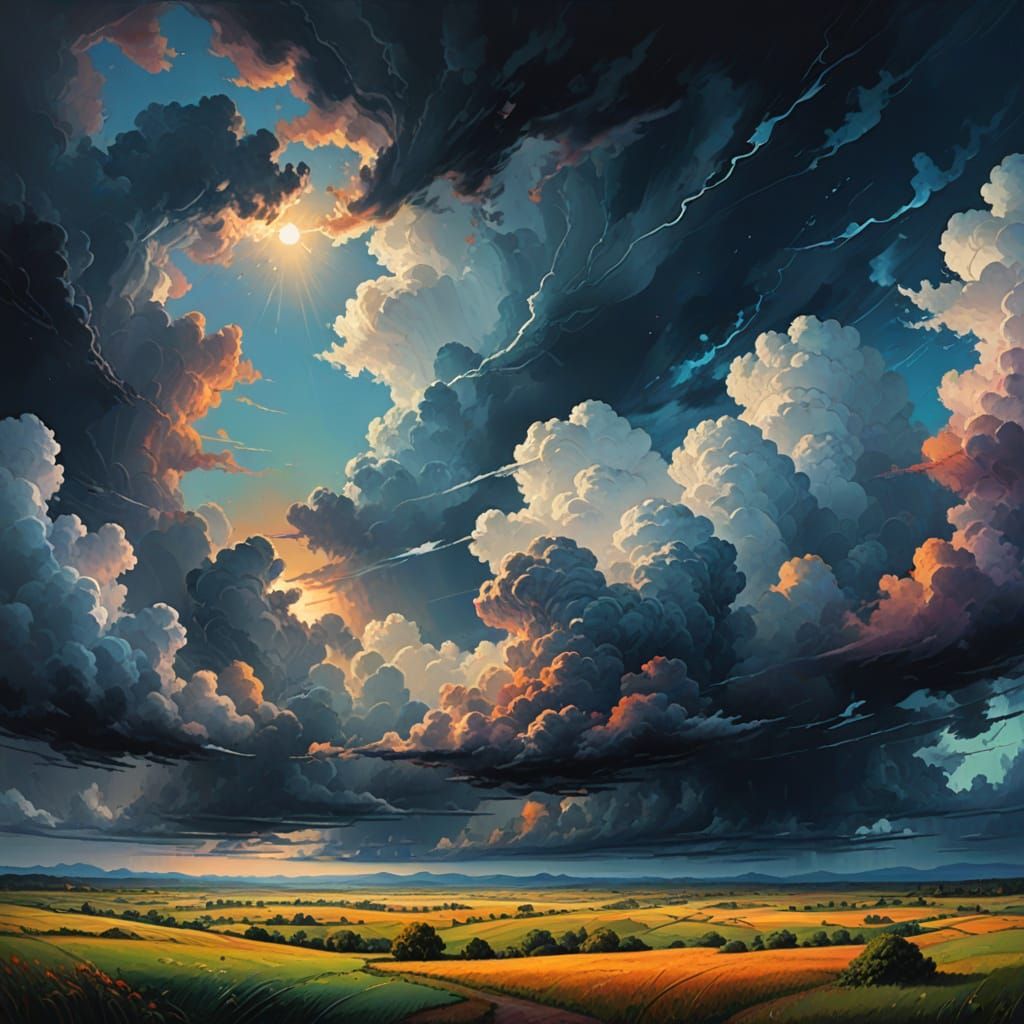 Dreamlike Landscape with Contrasting Sky as Oil Painting