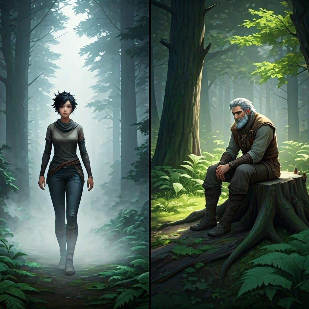 Anime Split Screen: Woman in Foggy Forest