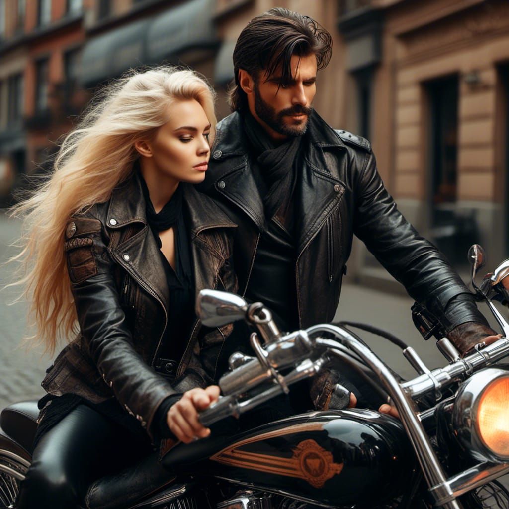Biker Couple on Harley Motorcycle in Daylight