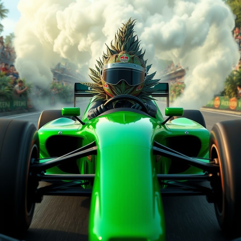 Cannabis Bud Races Formula 1 Car: Surreal Art