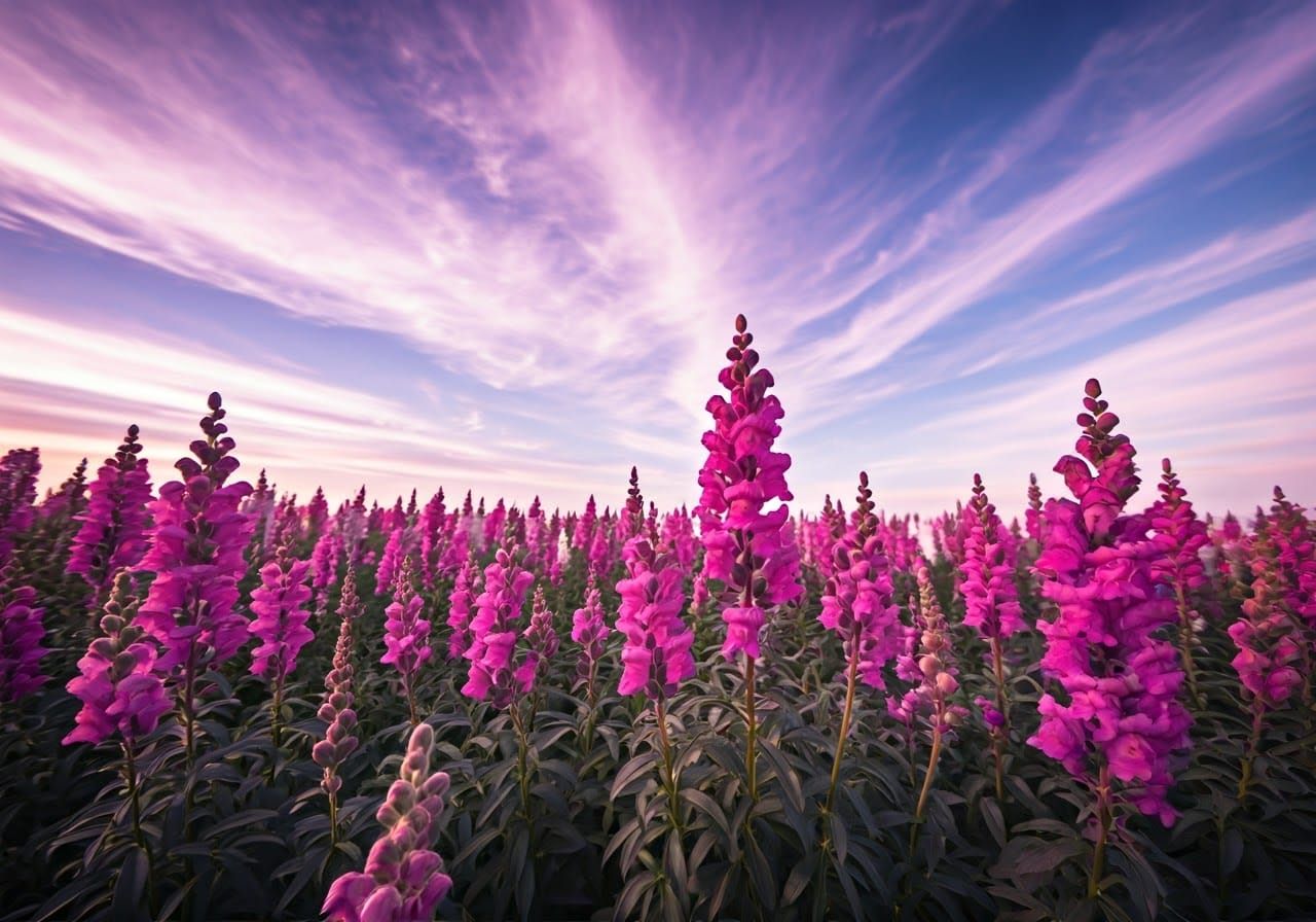 Dreamy Purple Landscape with Snapdragon Flowers