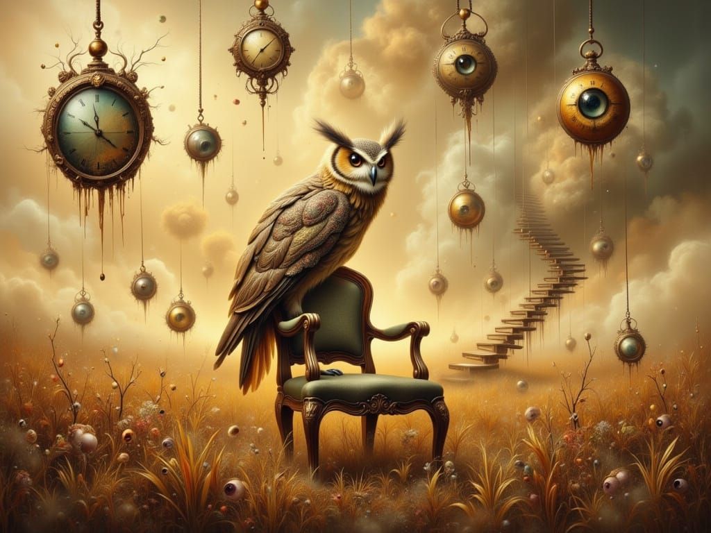 Surreal Meadow with Smoking Owl and Floating Watches