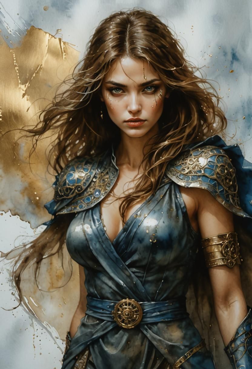 Woman's Portrait with Silver, Gold, and Blue Ink