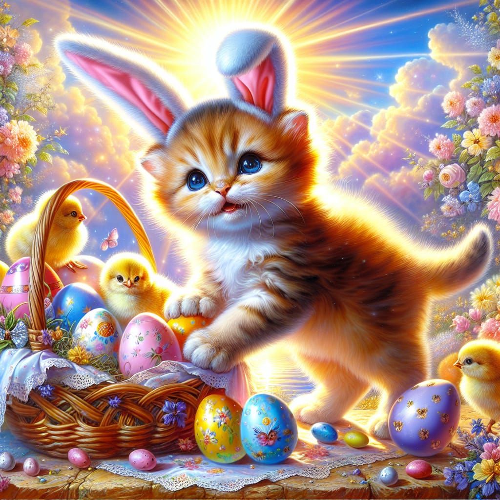 Joyful Easter Kitten Inspects Vibrant Basket with Easter Egg...