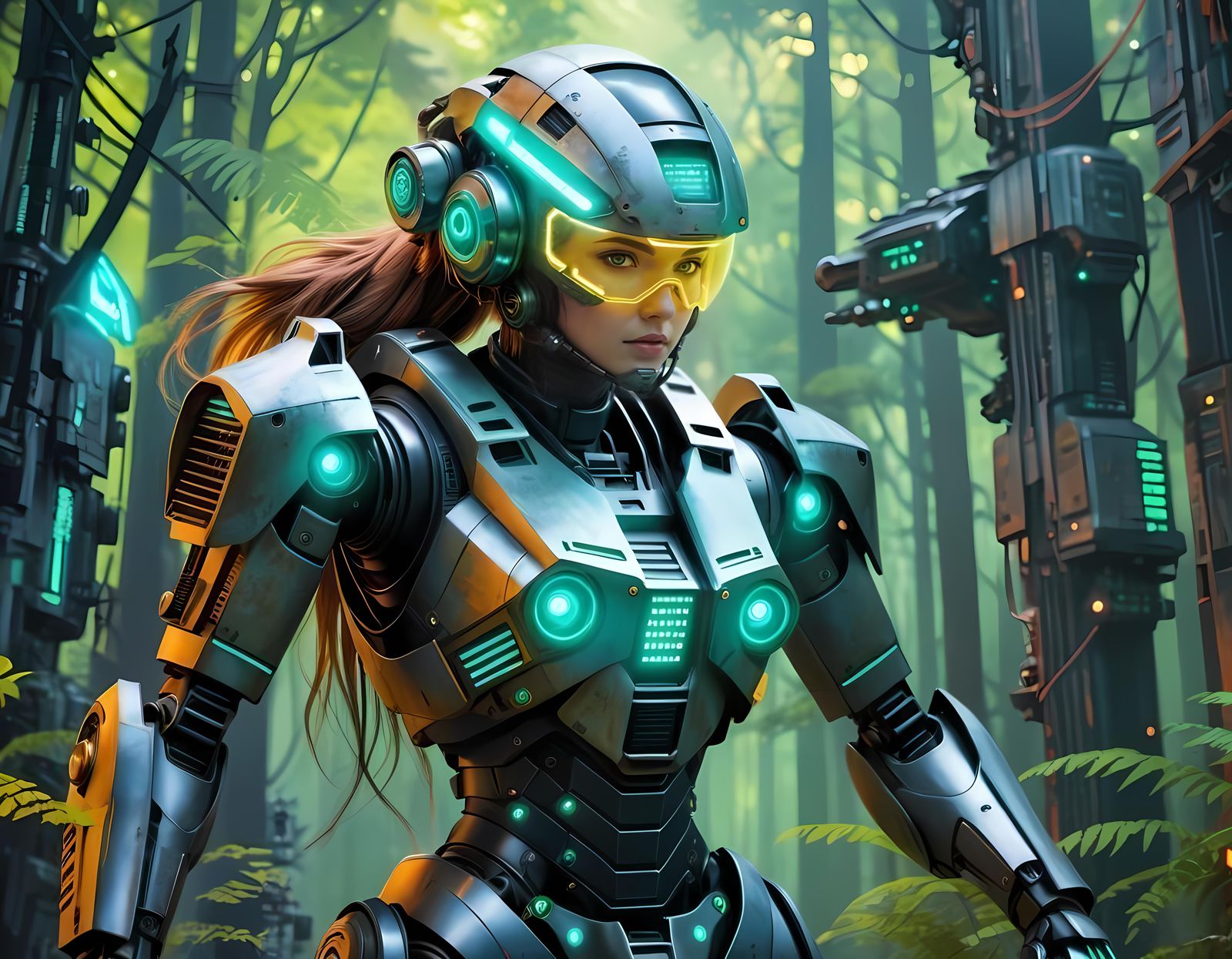 Cyberpunk Mech Pilot in Bioluminescent Forest