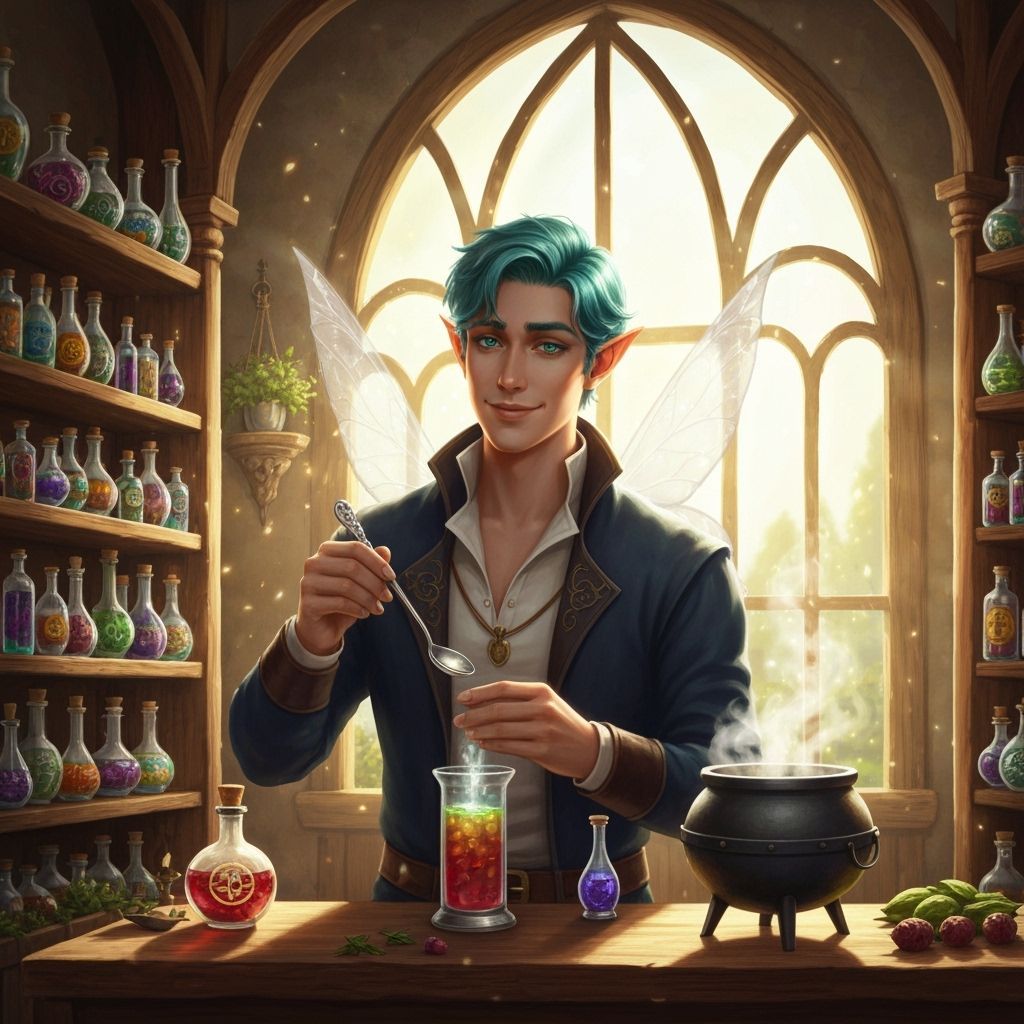 a teal haired fairy man working in a potions shop, sunlight ...