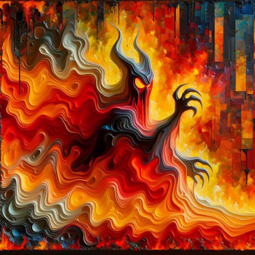 Abstract Evil Entity in Fiery Landscape: Impasto Style
