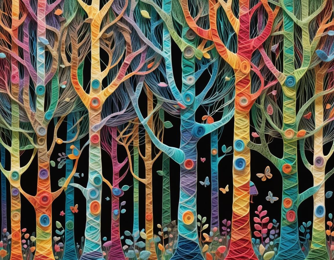 Whimsical Forest of Colorful String Trees Illustration
