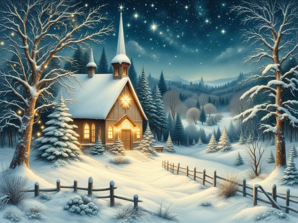 Vintage Christmas Church in Starry Winter Night
