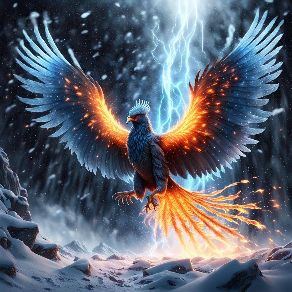 Icy Phoenix Soaring Through a Snowstorm