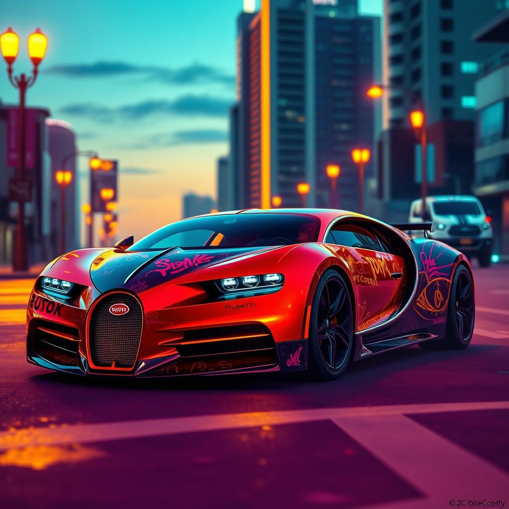 Futuristic Bugatti Tourbillon Coupe in a Cyberpunk Cityscape