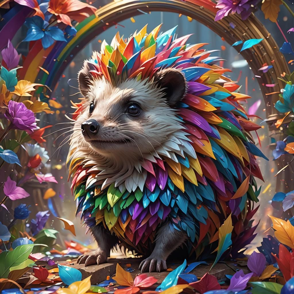 Rainbow Hedgehog Portrait in Hyperdetailed Style