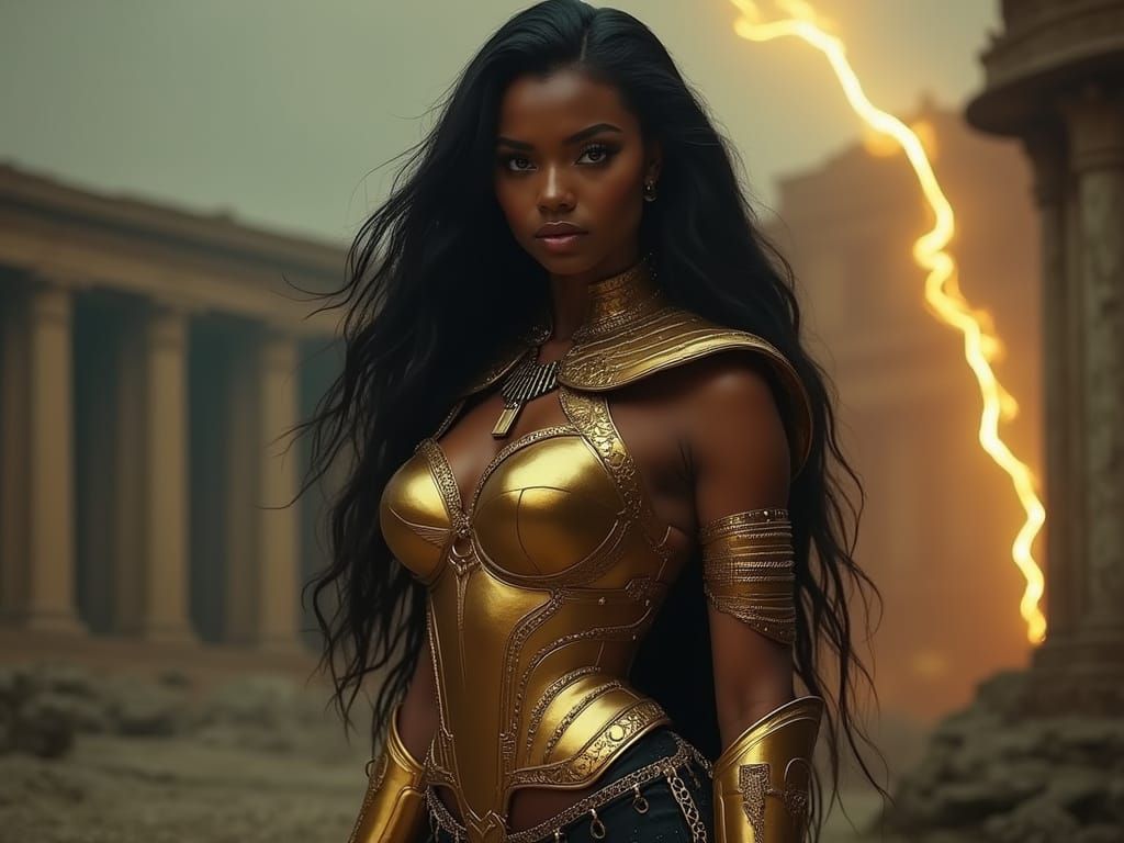 Elegant Warrior Angel in Futuristic Egyptian Gold Armor