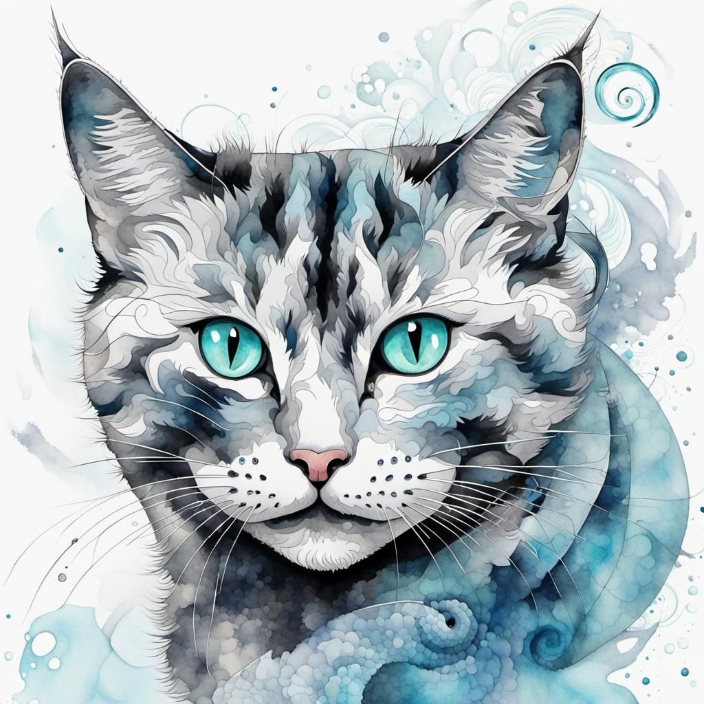 Aesthetic Watercolor Smiling Cat with Blue Eyes