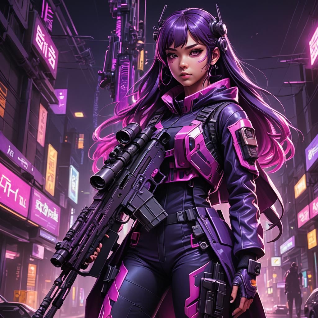 Anime Hacker with Sniper Rifle in Cyberpunk Style