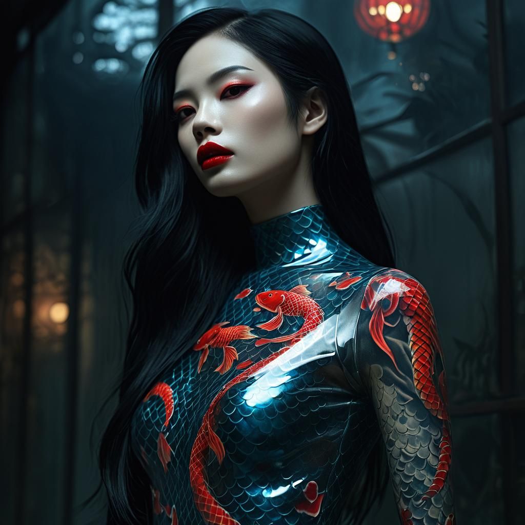 Dark Fantasy Woman with Dragon Tattoos in Liquid Latex