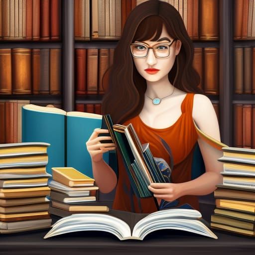 Woman with Books: Cartoon Art Inspired by Tom Thomson
