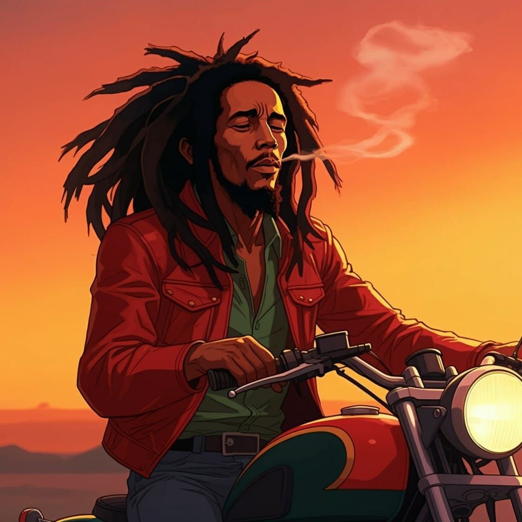 Bob Marley Rides Motorbike in Anime Style