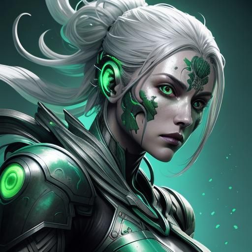 A biopunk woman with green , silvery skin and weapons for ey...