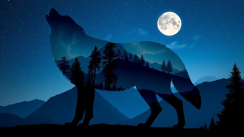 Surreal Wolf Silhouette Amidst Starry Mountain Landscape