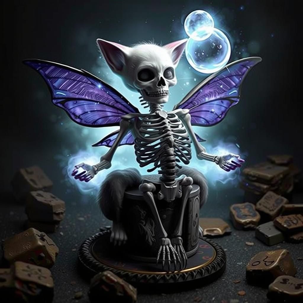 Macabre Skeletal Fairy-Cat Casting Magic Spell