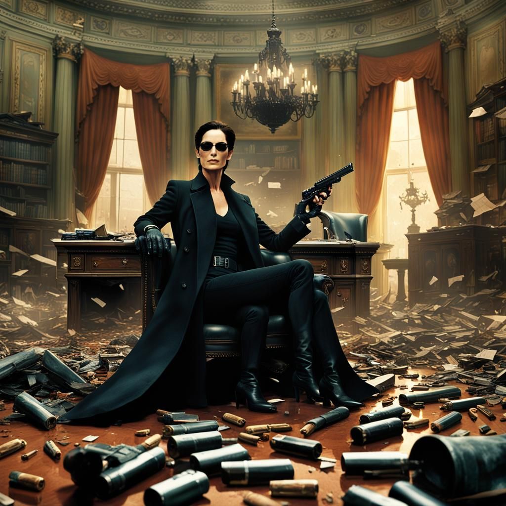 Trinity in War-Torn Oval Office: Hyperrealistic Action Scene