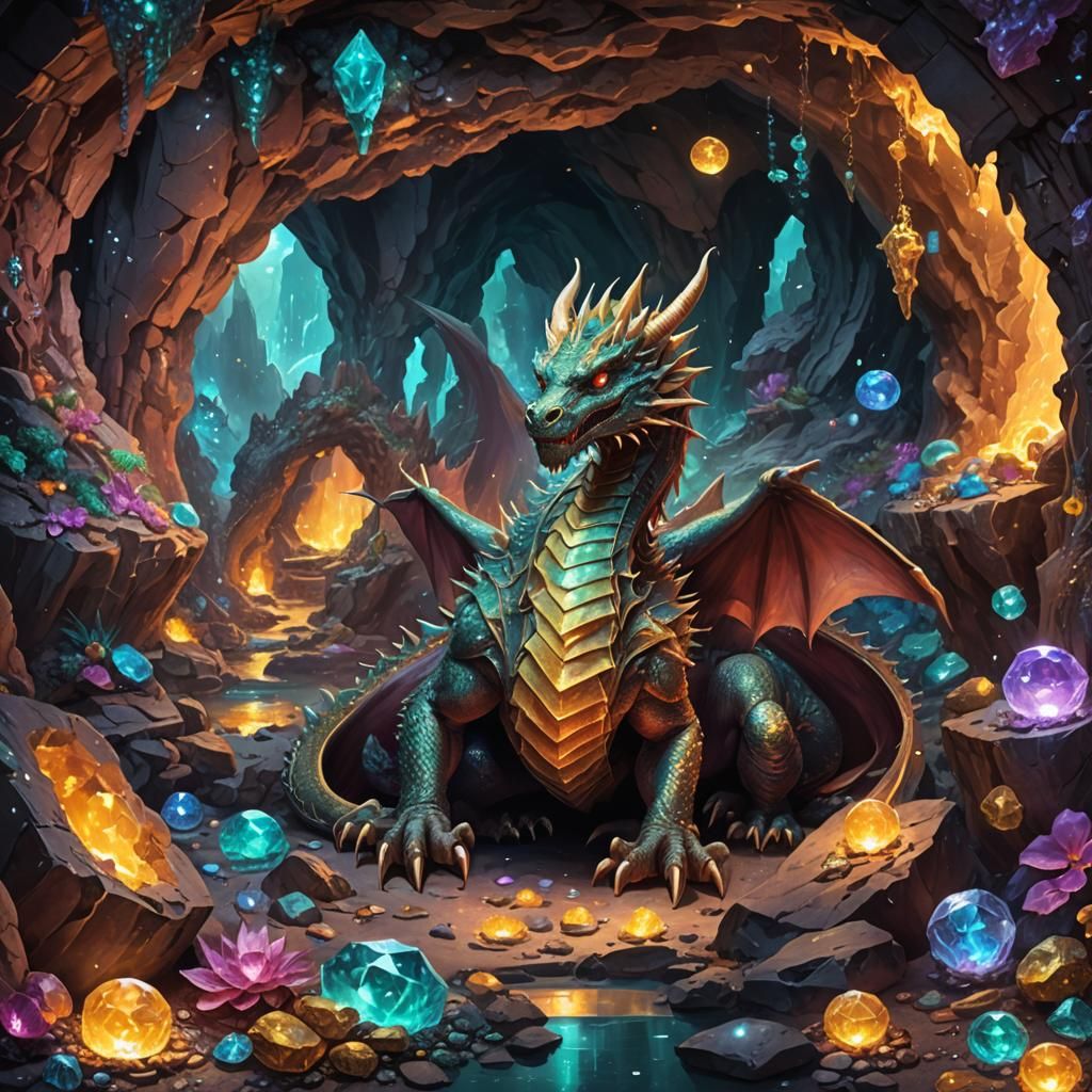 Dragon in Treasure Cave with Baby Dragons