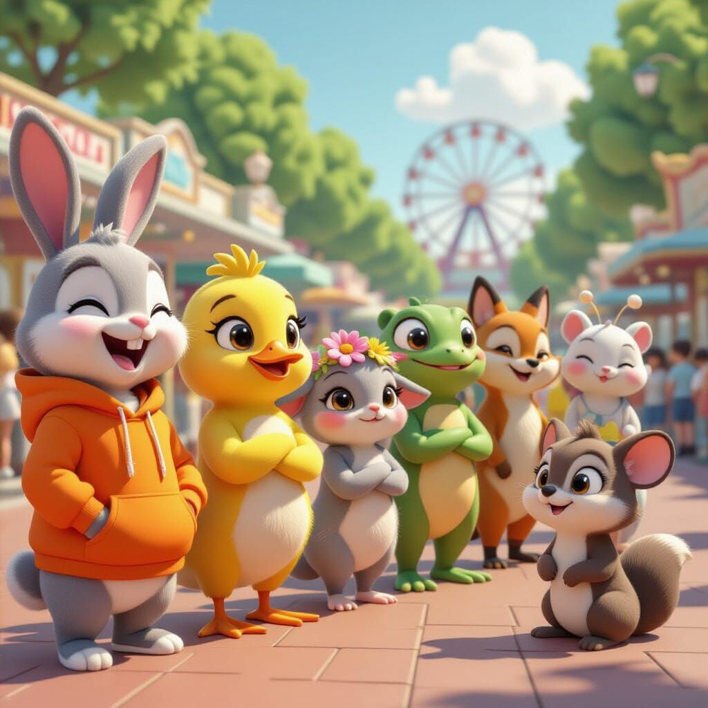 Vibrant Anime Animals at Amusement Park in 3D